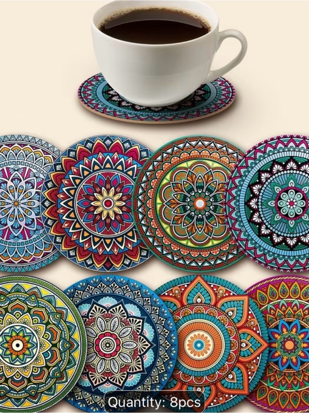 Colorful Mandala Wooden  Coaster Set - Multicolor 8pcs - Picture 2 of 8